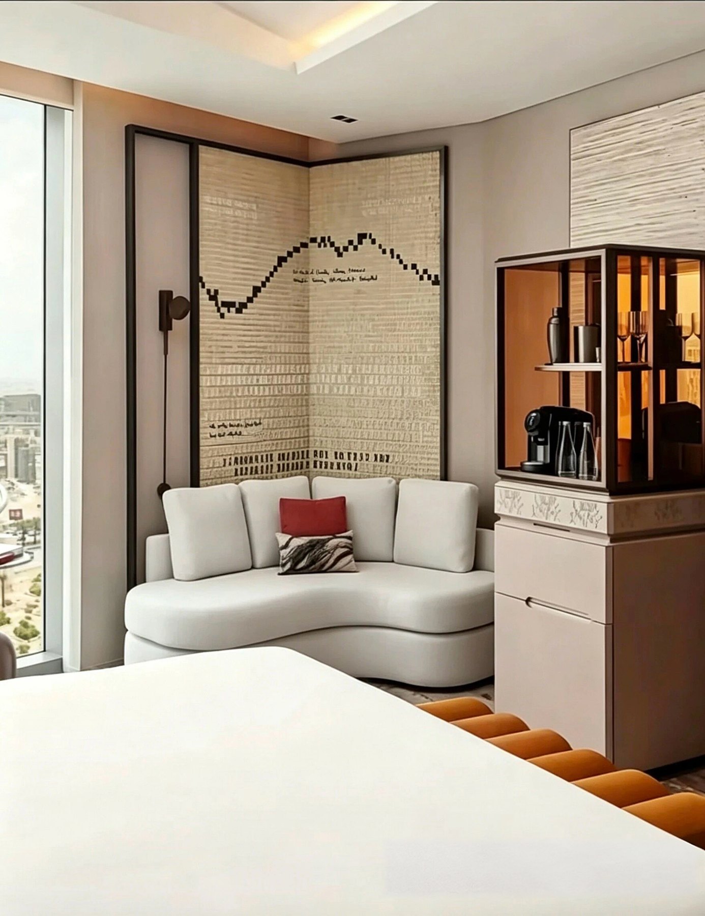 Hotel sitting area with upholstered seating, cabinetry and a patterned wall panel