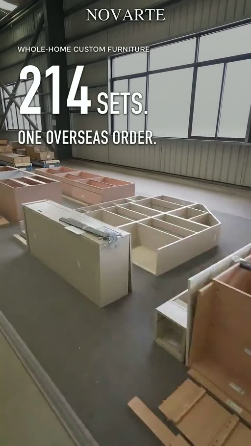 Video still showing assembled furniture components for a 214-set overseas order